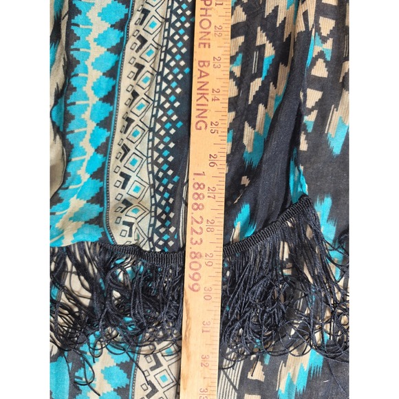 Southwestern Geometric Fringe Kimono Cardigan Turquoise Black One Size - Picture 4 of 9